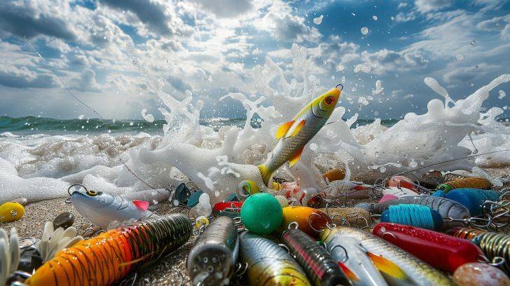 Colorful fishing baits against a beach backdrop with crashing waves.
