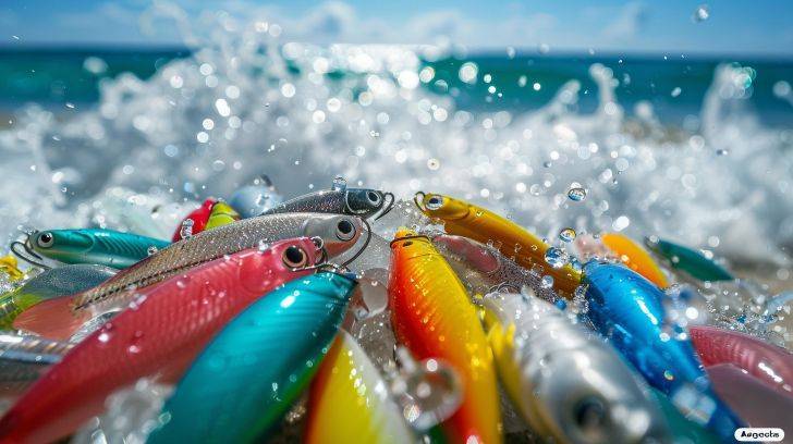 Colorful fishing baits against a beach backdrop with crashing waves.