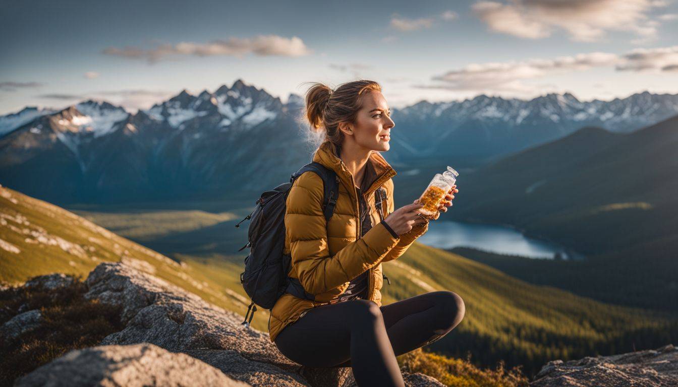 A woman enjoying a keto protein bar while hiking in a beautiful mountain landscape.