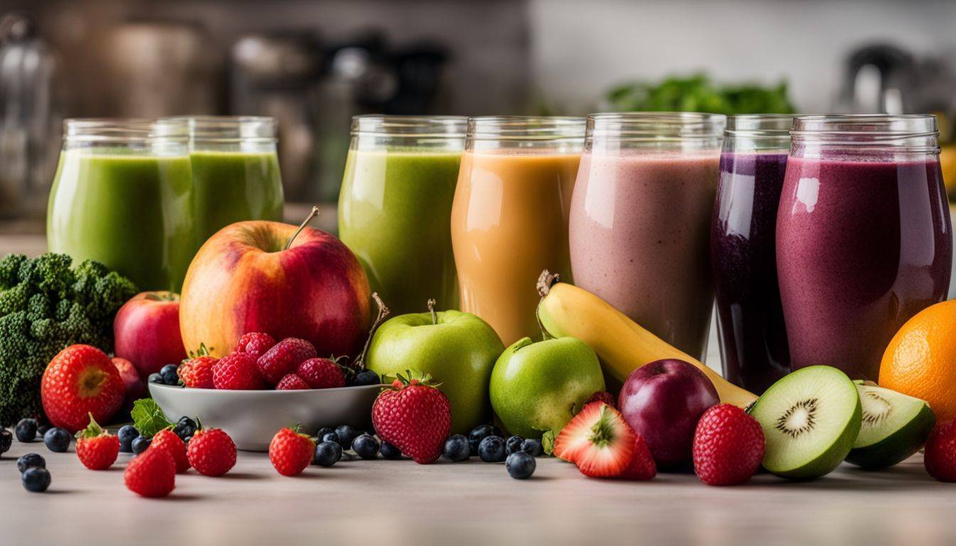 A lineup of weight loss shakes with fresh produce in the background.