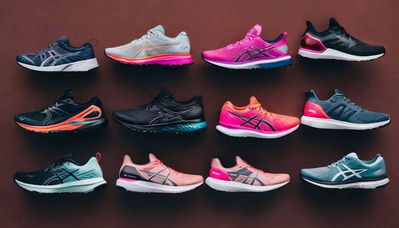 A lineup of women's running shoes displayed on a modern background.