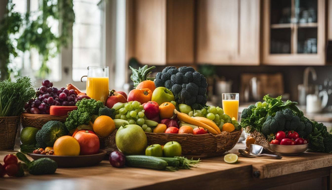 A variety of fresh fruits and vegetables arranged on a kitchen counter.