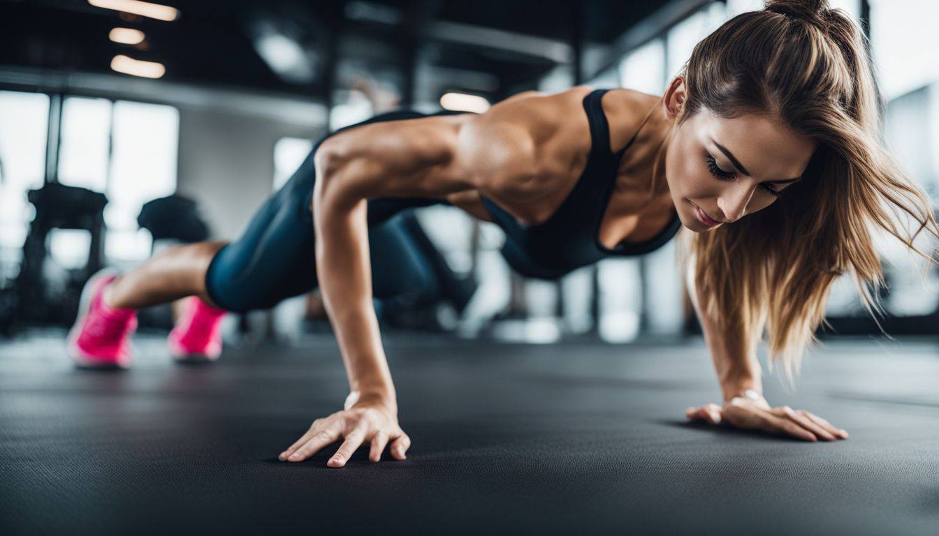A woman doing mountain climbers in a modern, bright gym.