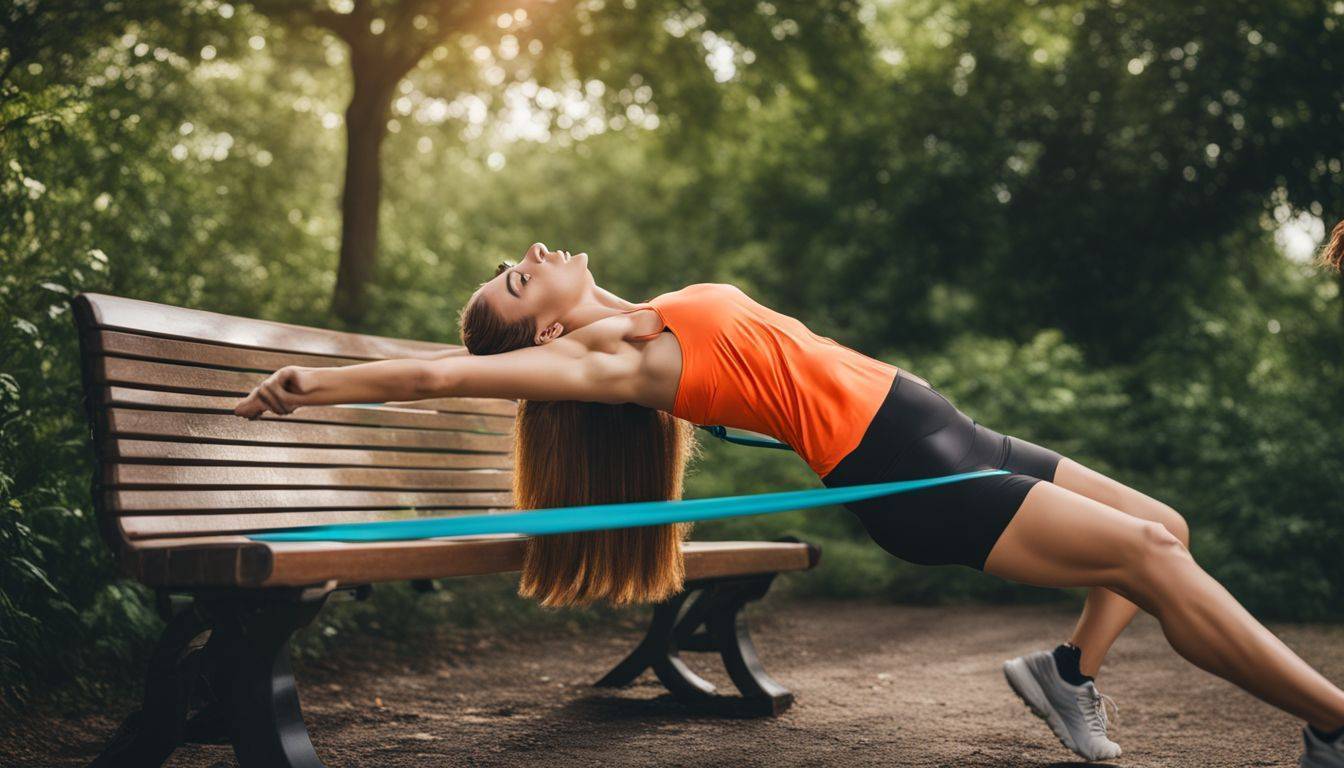 A resistance band stretched across a park bench in a natural setting.