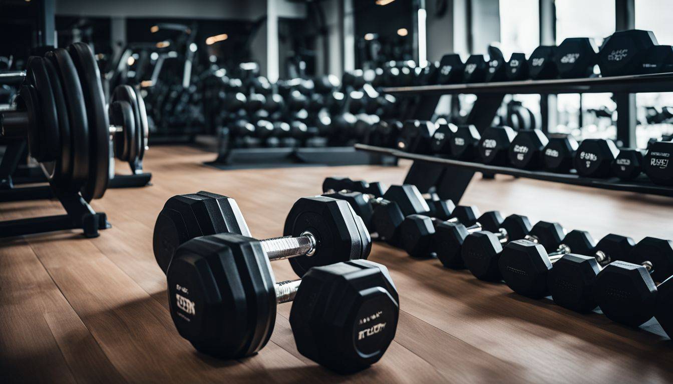A set of dumbbells surrounded by gym equipment in a fitness setting.