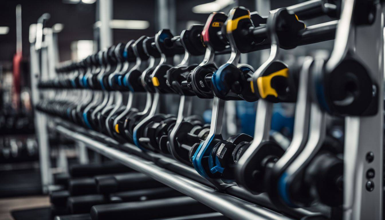 A variety of EZ Curl Bars displayed on a gym equipment rack.
