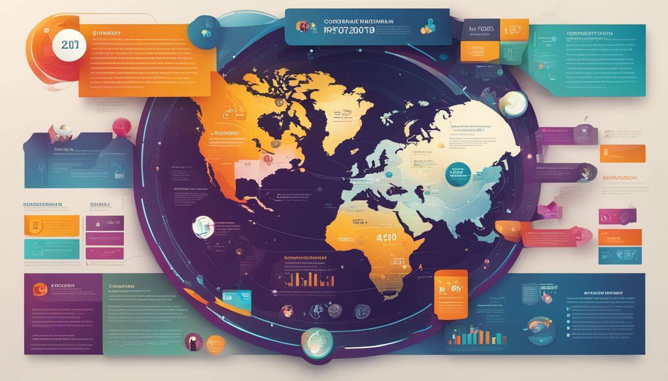 Colorful infographic surrounded by icons and graphics, depicting various people and styles.