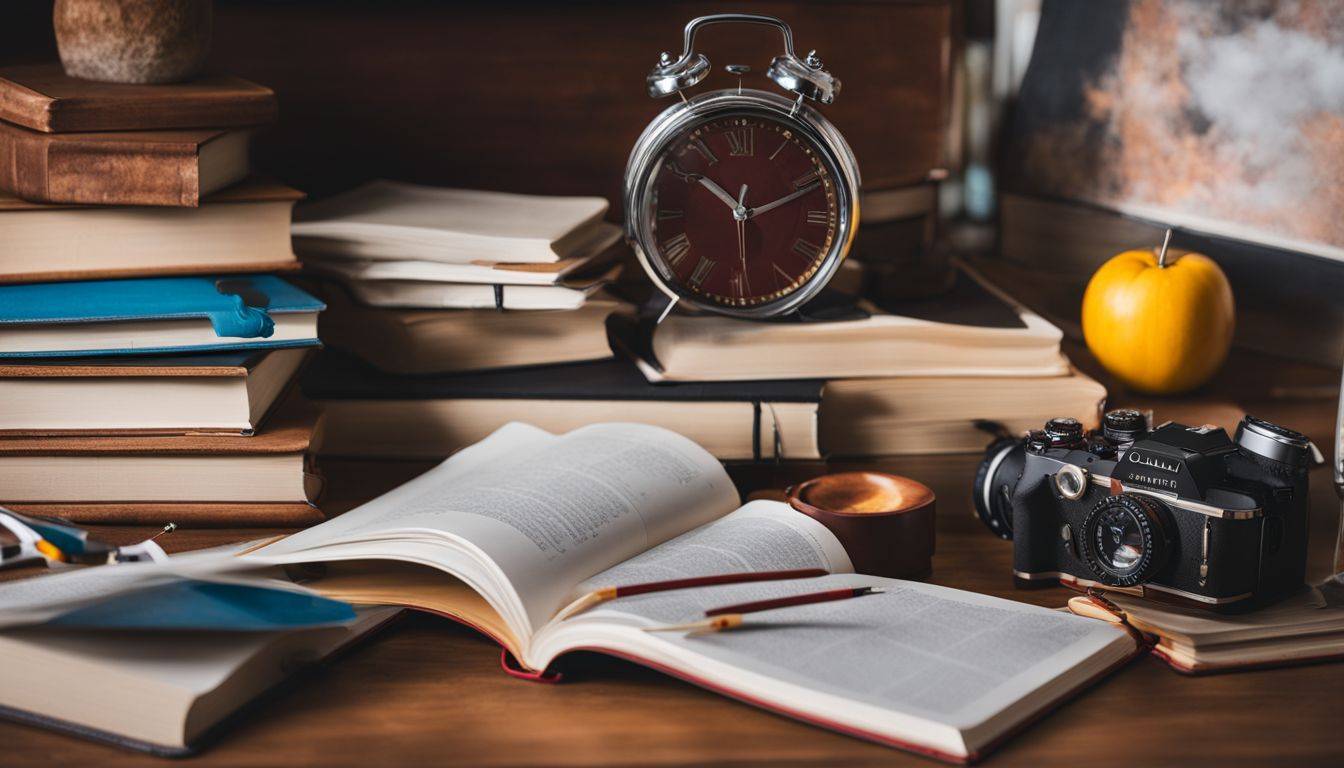 An open book surrounded by study materials and a clock.