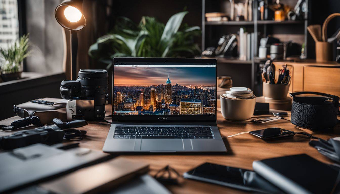 A laptop surrounded by various products and brands in a bustling cityscape.
