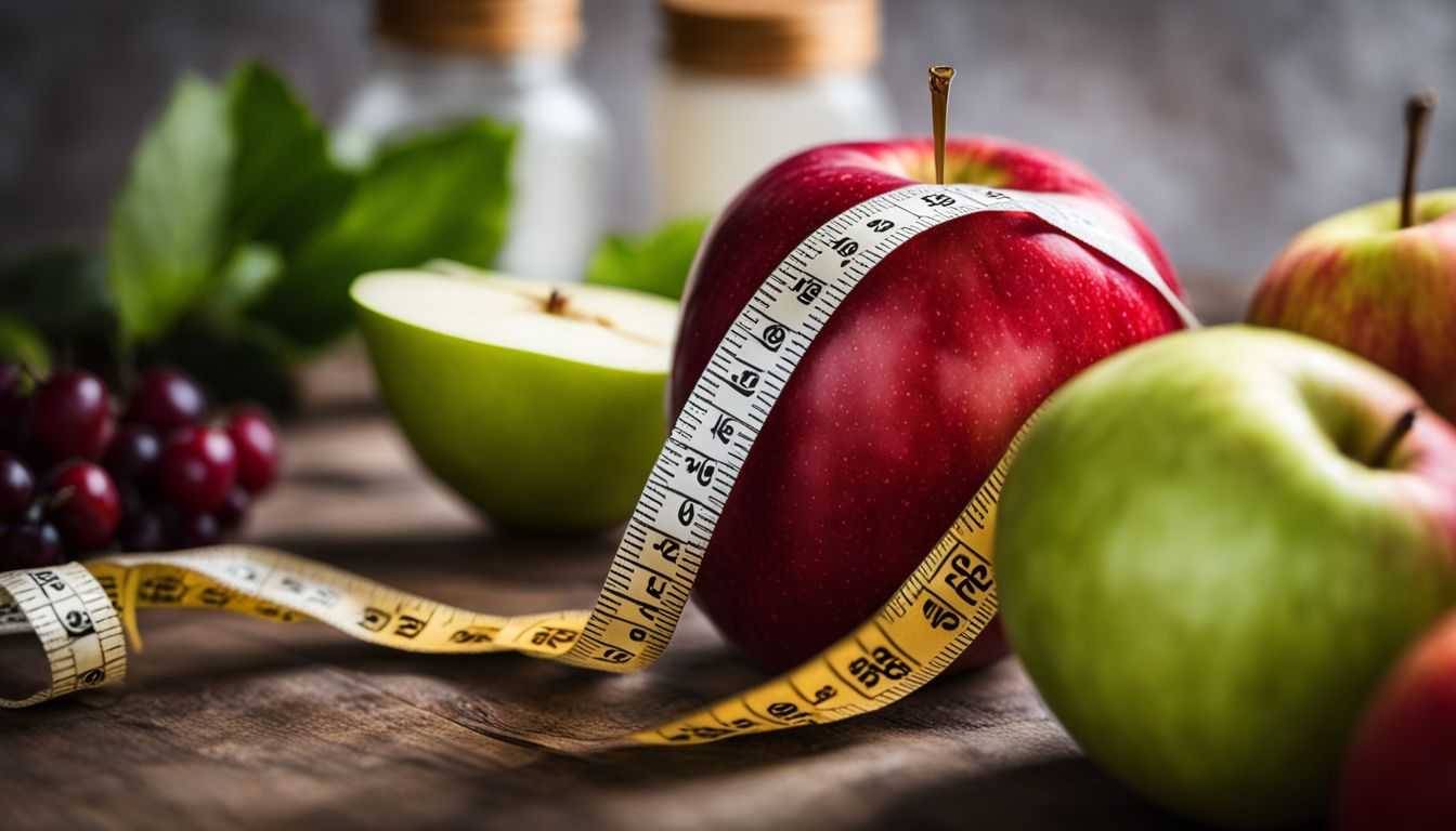 A tape measure wrapped around an apple surrounded by healthy food.