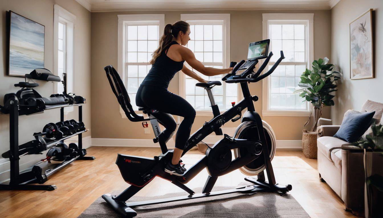 A fitness bike in a spacious, well-lit room with various scenes.