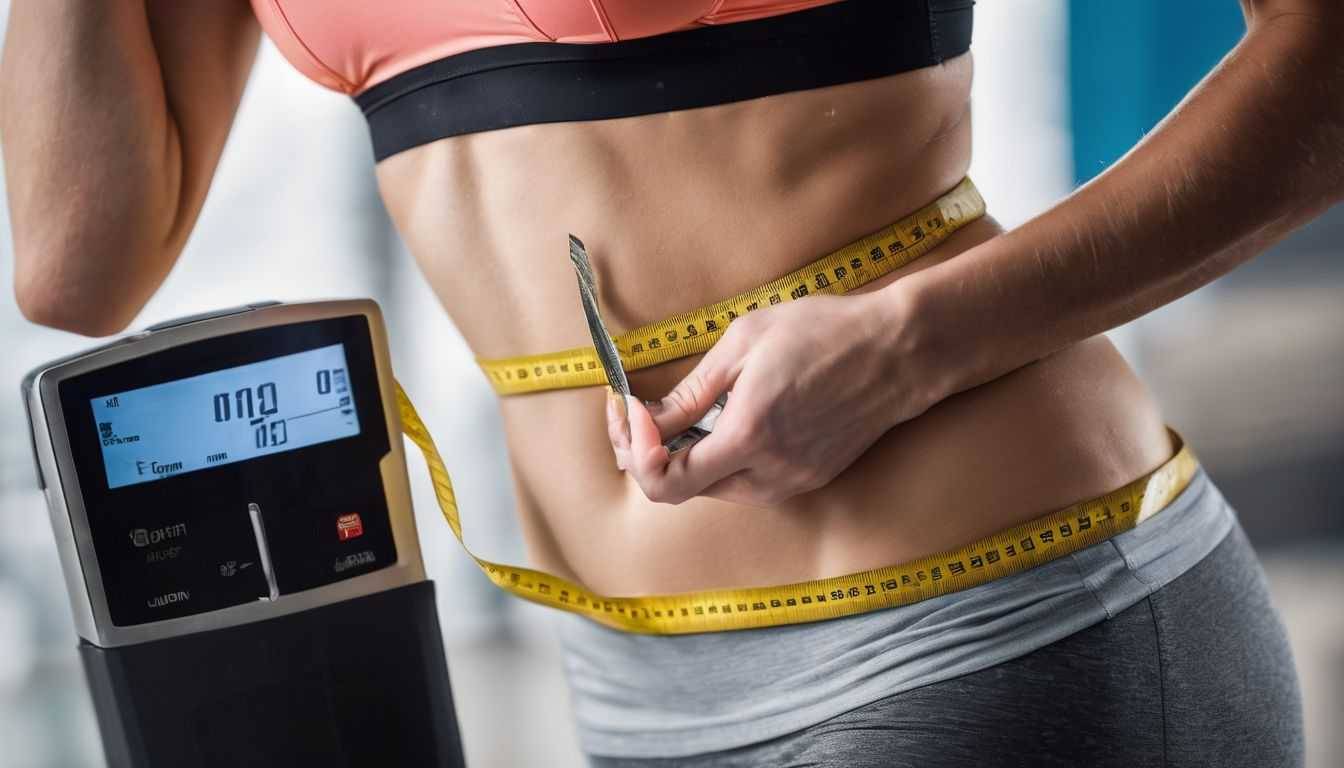 A measuring tape wrapped around a waistline with a scale in the background.