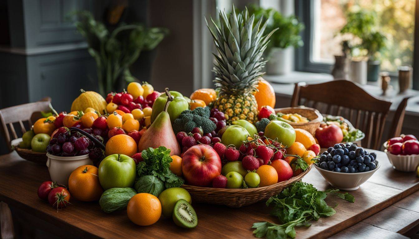 A vibrant assortment of fruits and vegetables on a dining table.