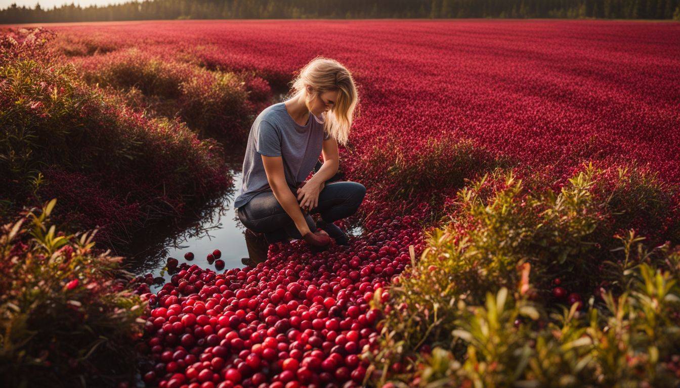 A vibrant photo of ripe cranberries in a bustling cranberry bog.