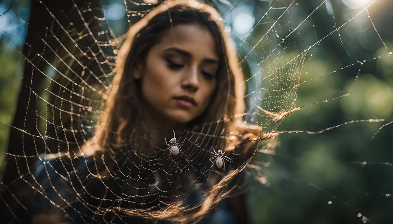 A spider weaving a web in a forest captured in a cinematic photograph.