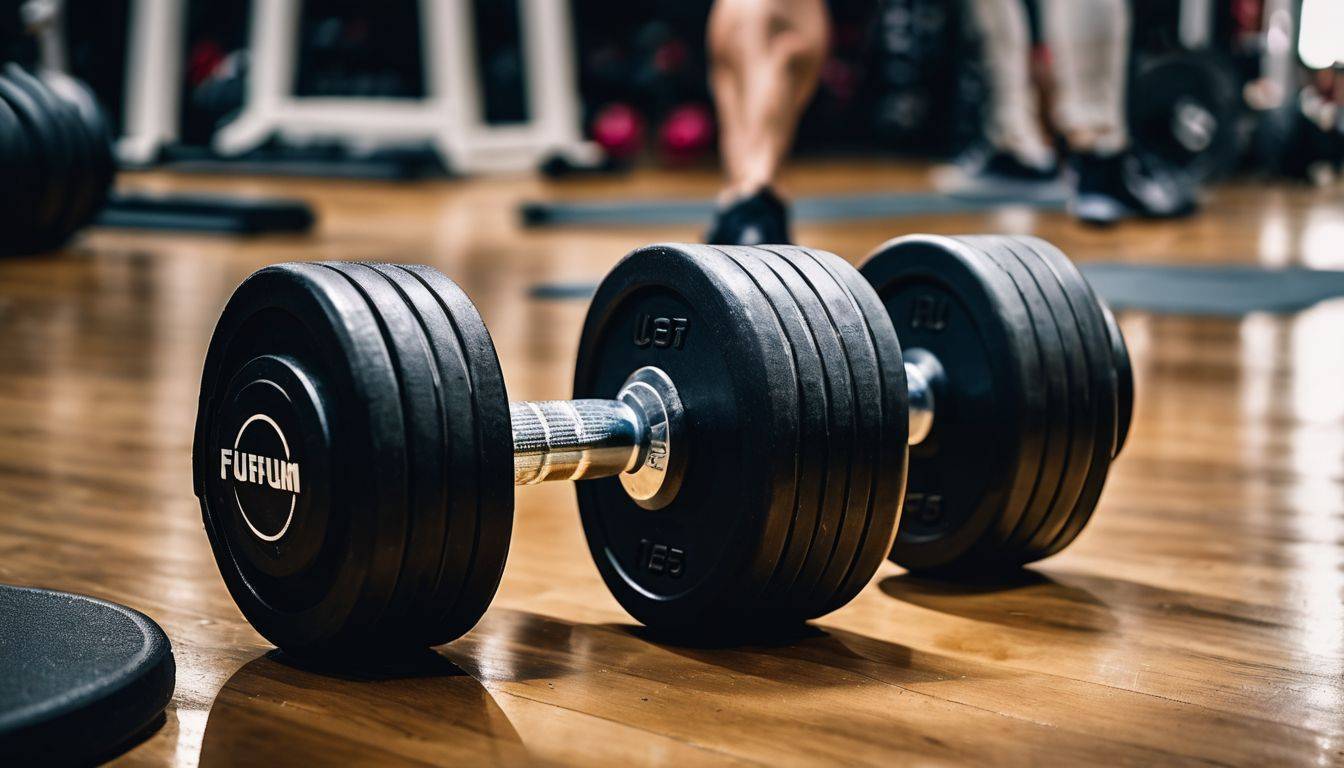 A close-up of a dumbbell on a gym floor surrounded by workout equipment.