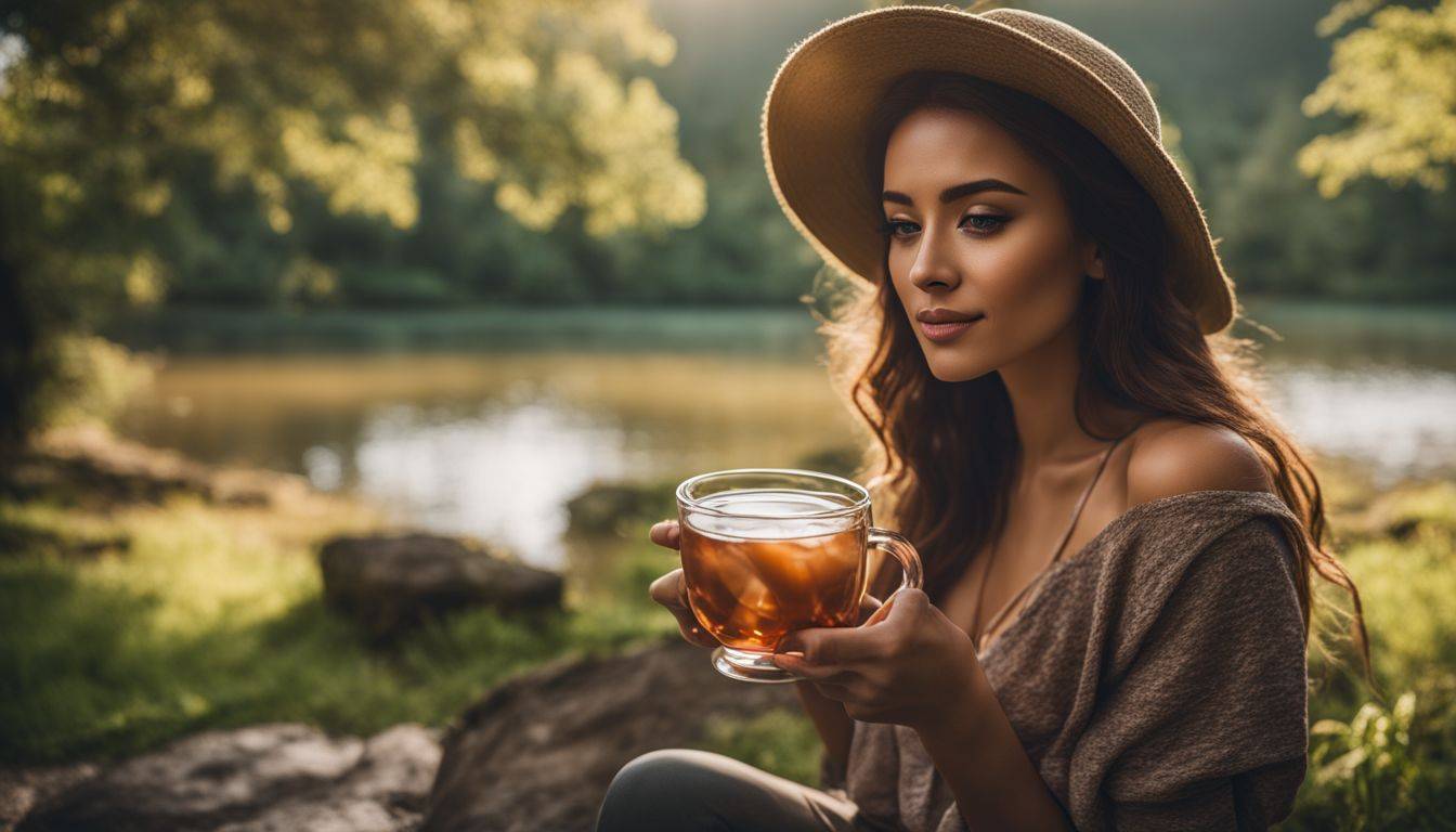 A woman enjoying detox tea in a peaceful natural setting.