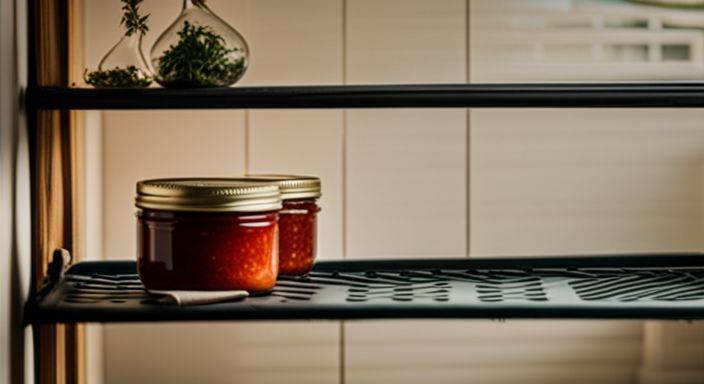 A traditional Italian kitchen with jars of marinara sauce and fresh herbs.
