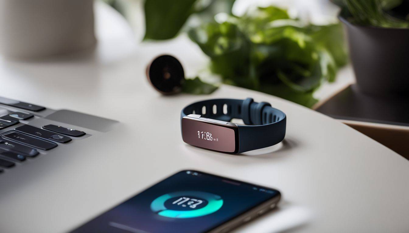 A sleek Fitbit tracker on a modern desk with technology devices.