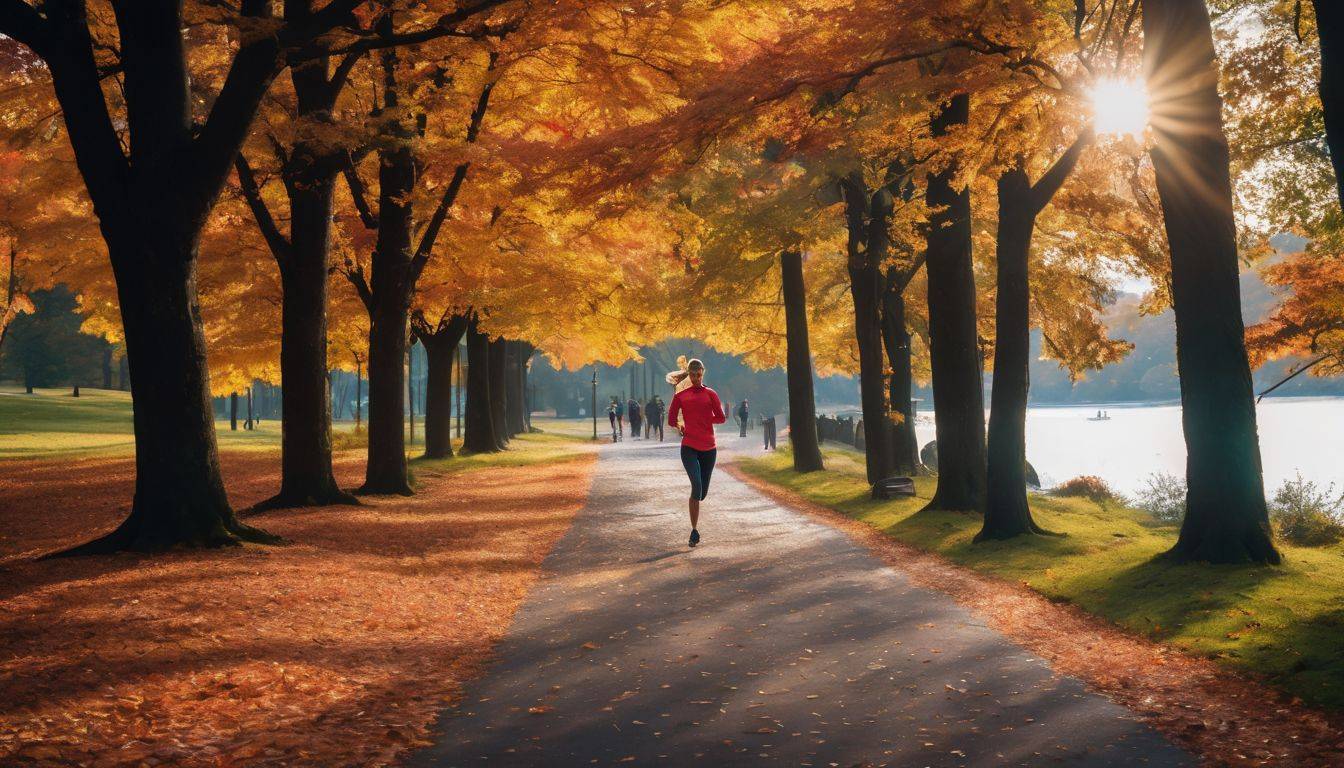 A person jogging in a beautiful autumn park.