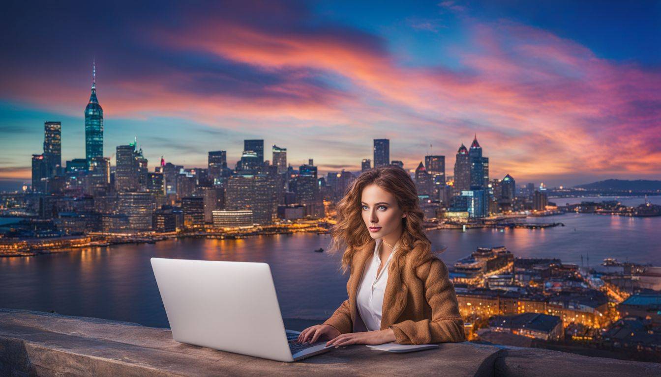A laptop surrounded by colorful question marks against a vibrant cityscape.