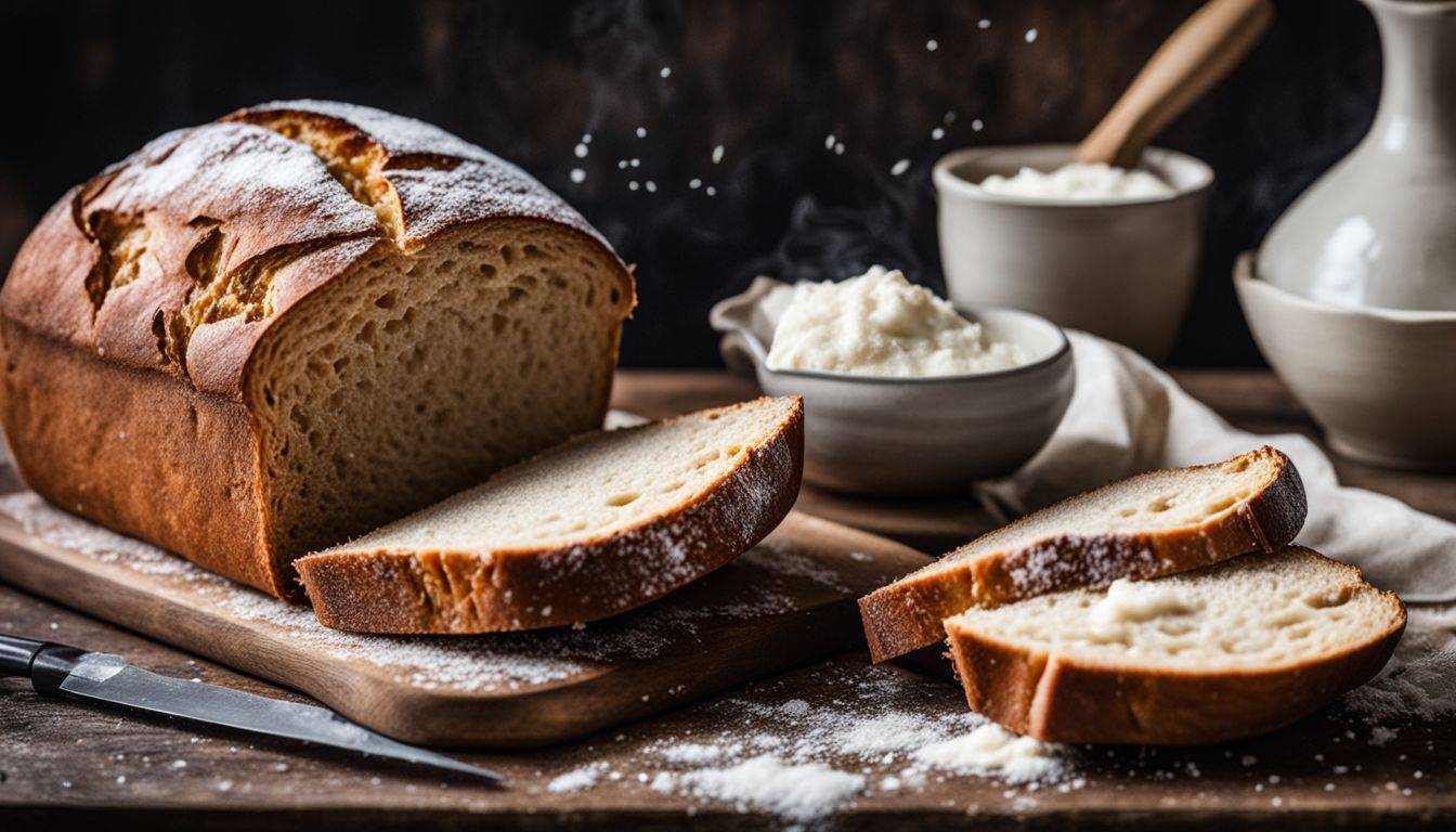 A rustic table with freshly baked sourdough bread and a slice.