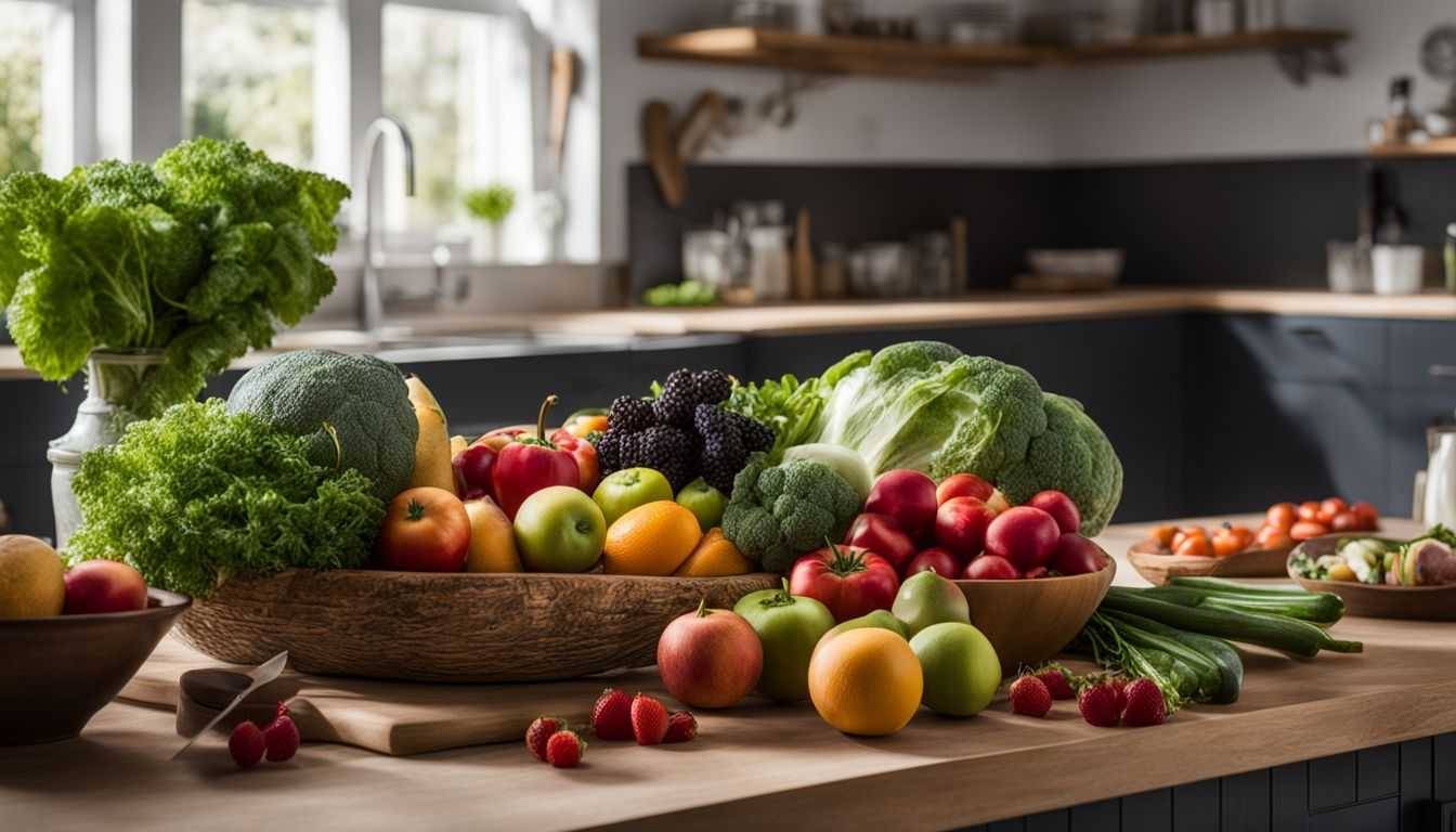 A beautiful arrangement of fresh fruits and vegetables in a kitchen.