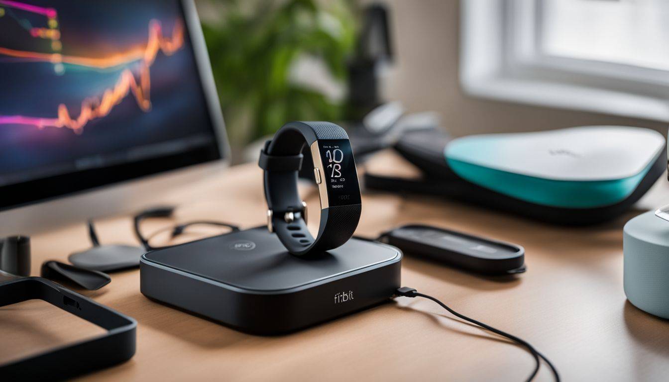 A Fitbit device on a modern desk with fitness equipment.