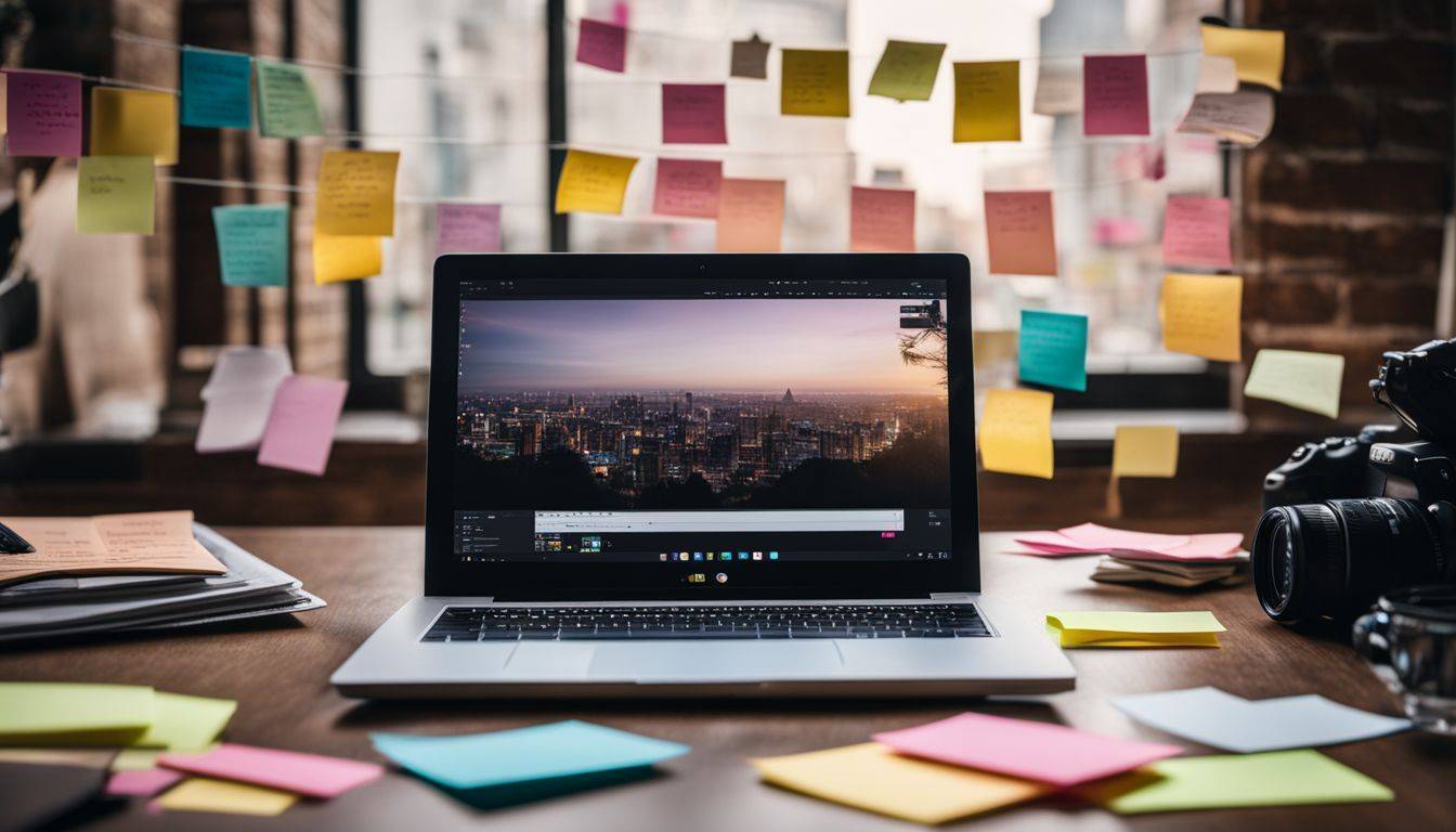 An open laptop surrounded by colorful sticky notes featuring cityscape photography.
