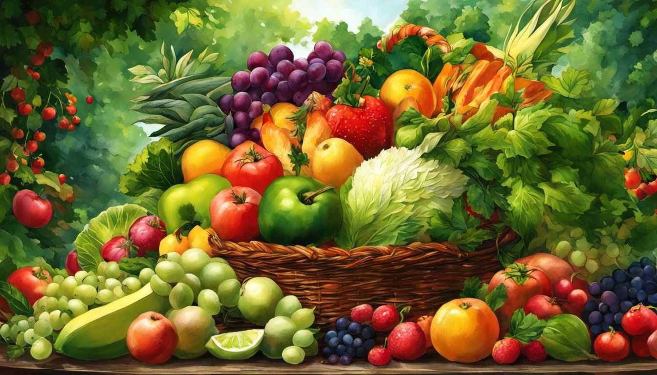 A colorful and bountiful plate of fruits and vegetables surrounded by nature.