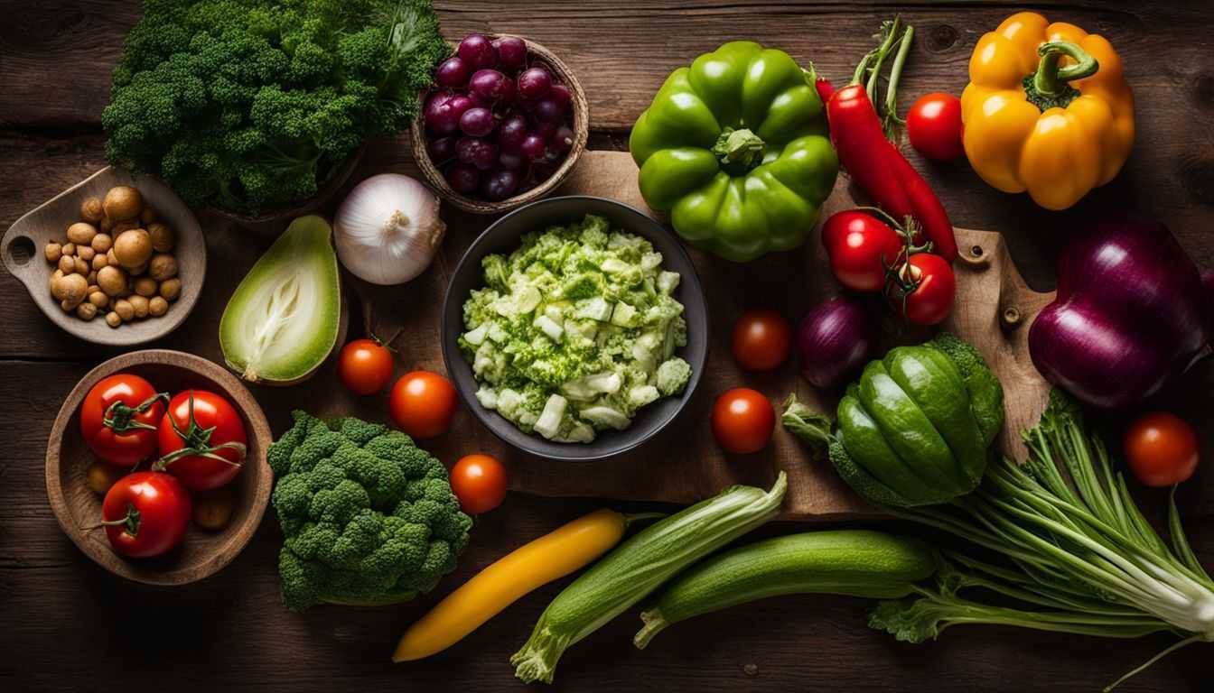 A vibrant arrangement of fresh vegetables on a wooden table.