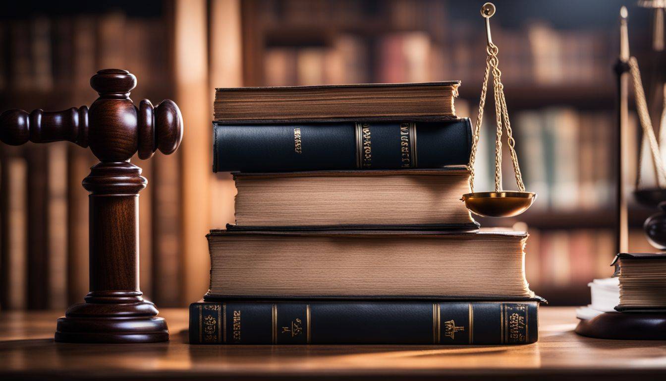 A stack of law books, open textbooks, and a legal gavel on a wooden desk with a background of legal documents and nature photography.