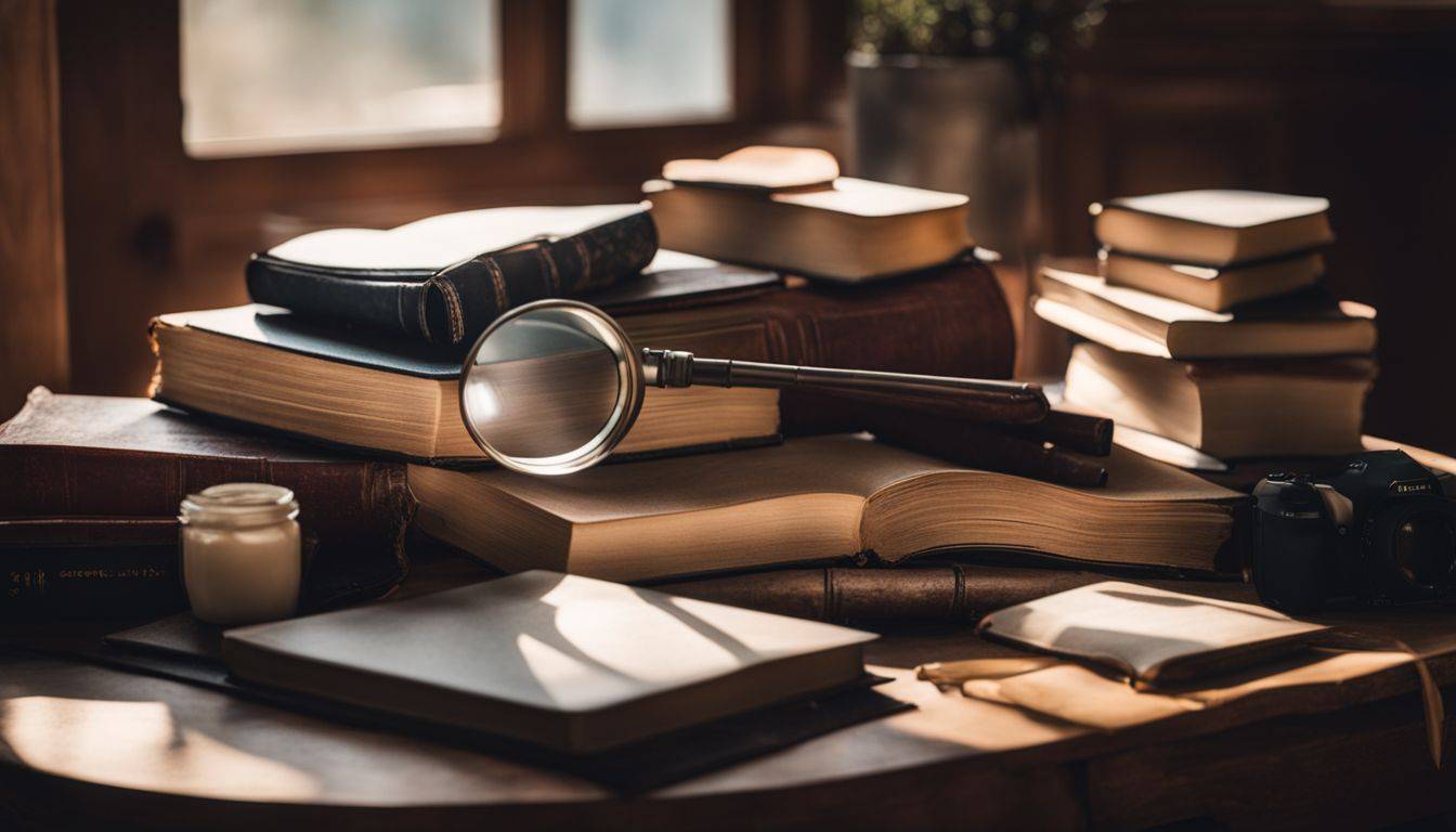 A stack of books surrounded by study materials and a magnifying glass.