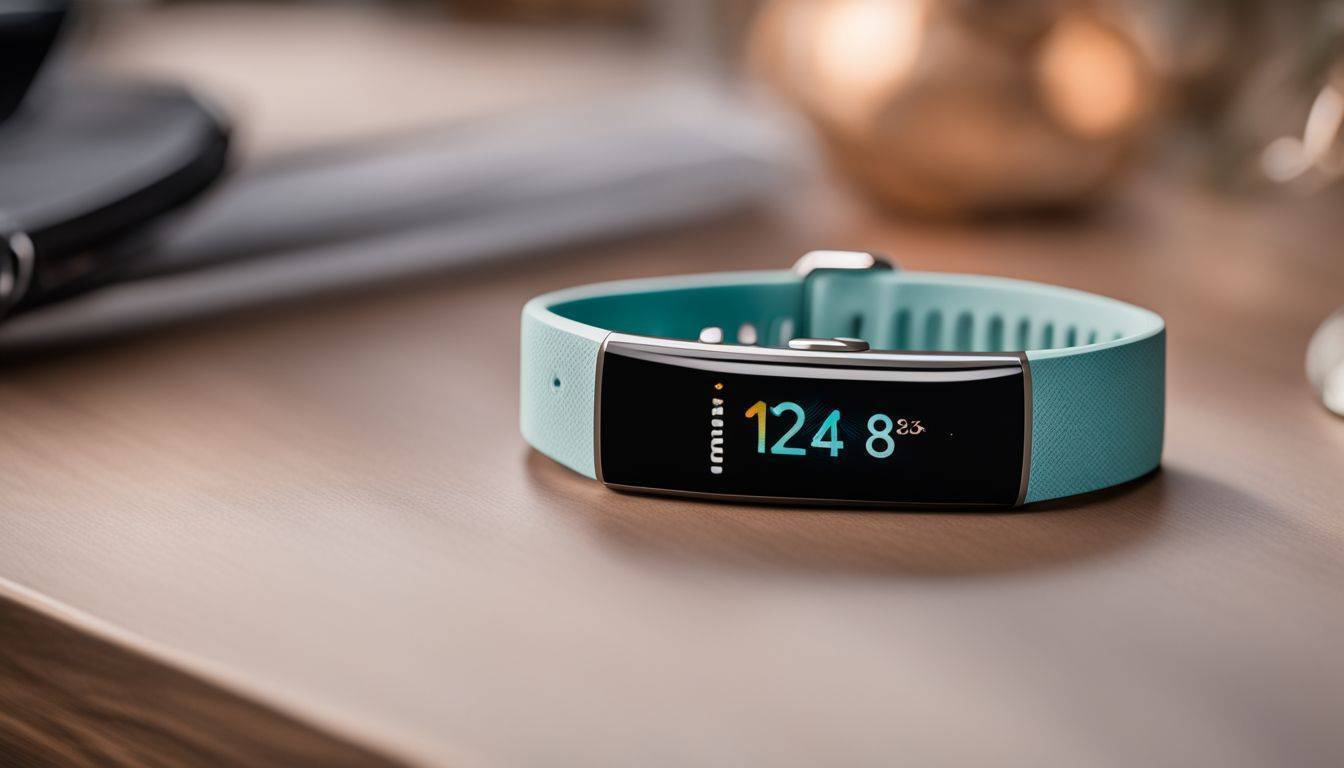 A Fitbit placed on a stylish wristband on a modern desk.