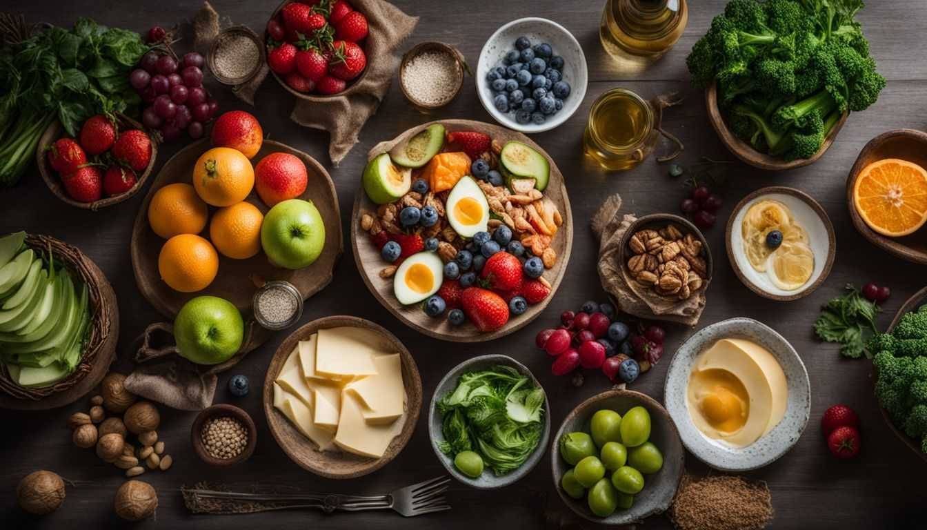 A plate of keto-friendly foods surrounded by vegetables and fruits.
