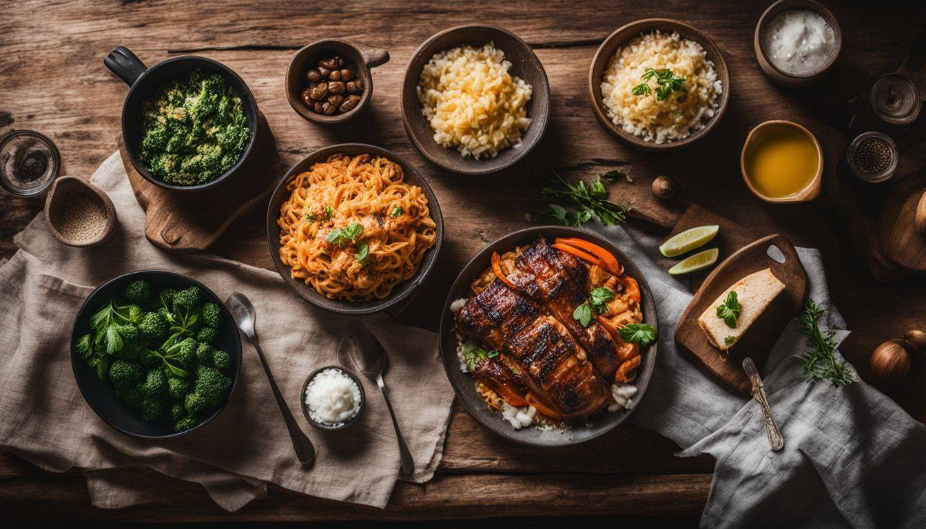 A rustic kitchen countertop displays Keto-friendly meal ingredients in a still life.