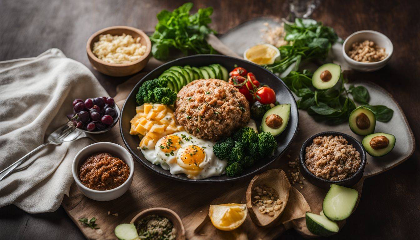 A plate of healthy keto-friendly foods arranged artistically in natural lighting.