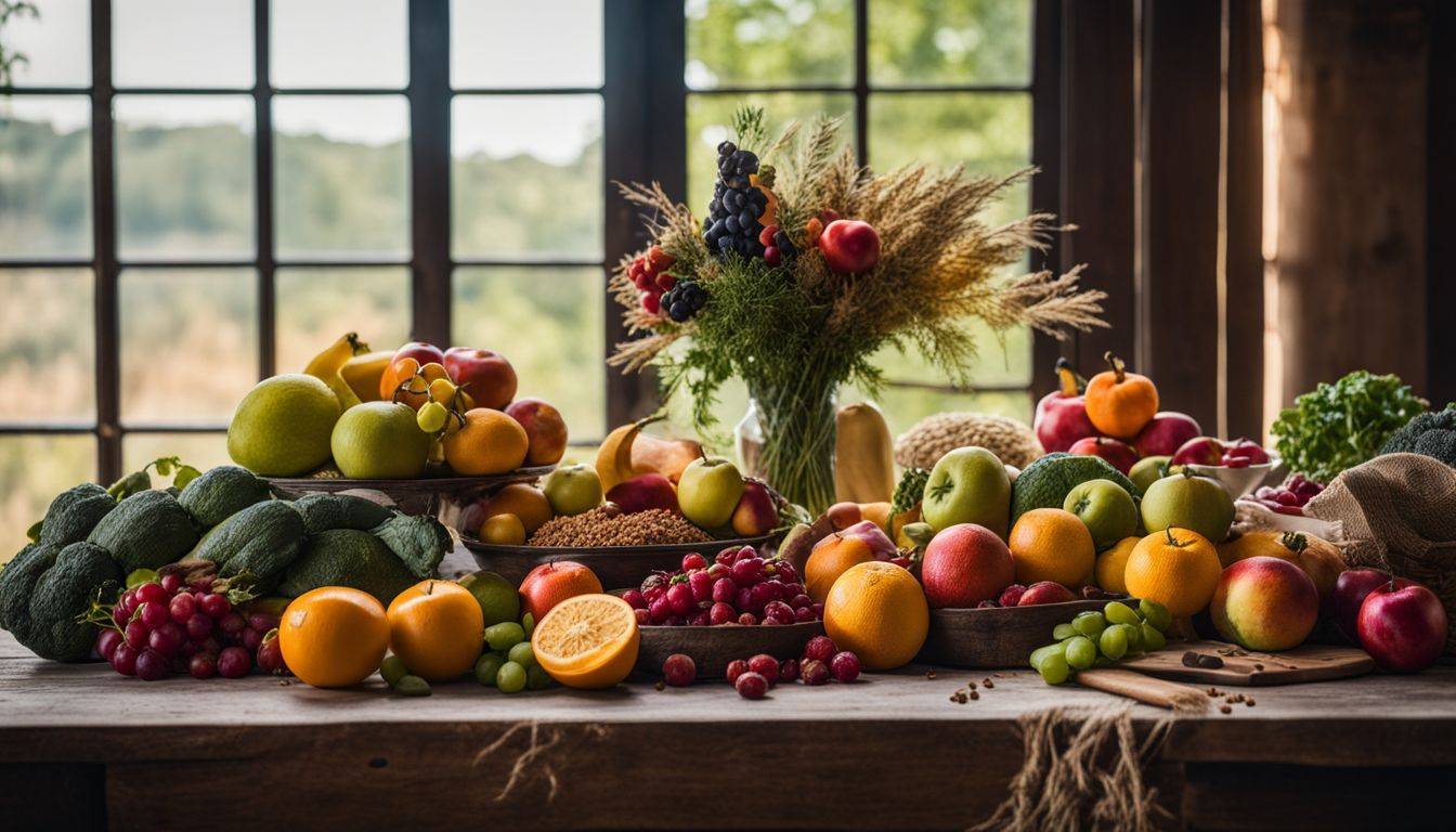 A rustic table with a variety of colorful fruits, vegetables, and grains.