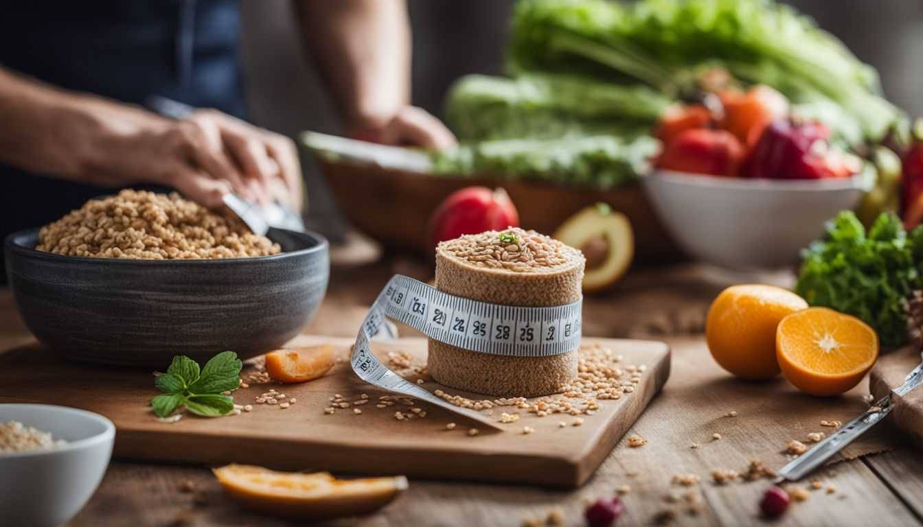 A tape measure wrapped around a healthy meal filled with fruits, vegetables, and whole grains.