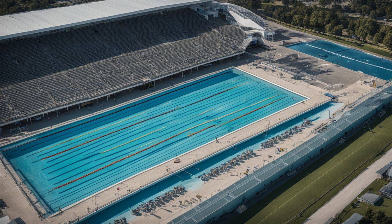 Aerial view of an Olympic-sized swimming pool with lane markers.