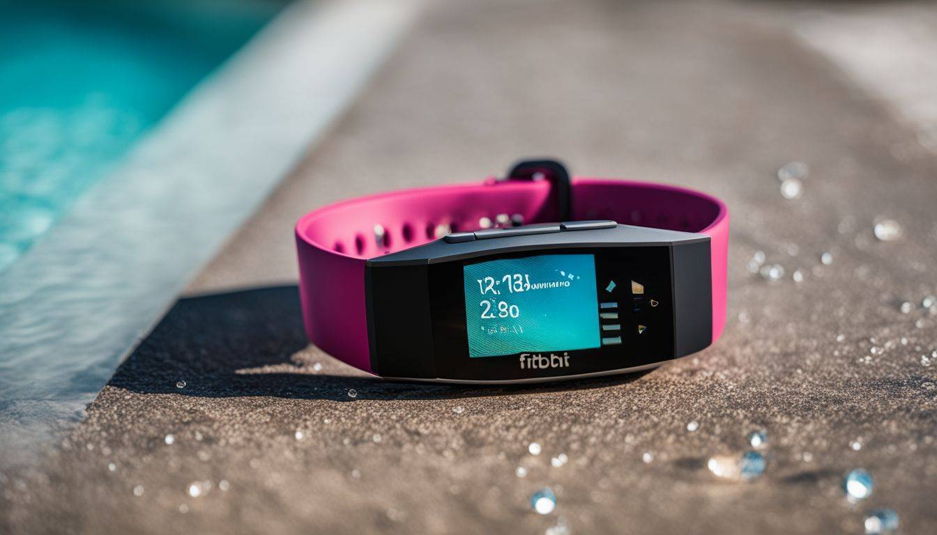 A Fitbit with water droplets by a swimming pool.