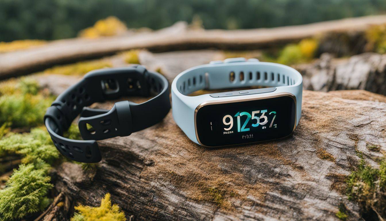 A Fitbit Charge 5 tracks outdoor activities on a scenic trail.