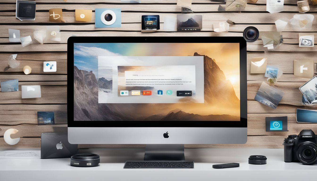 A laptop displaying various online platforms icons against digital landscapes.