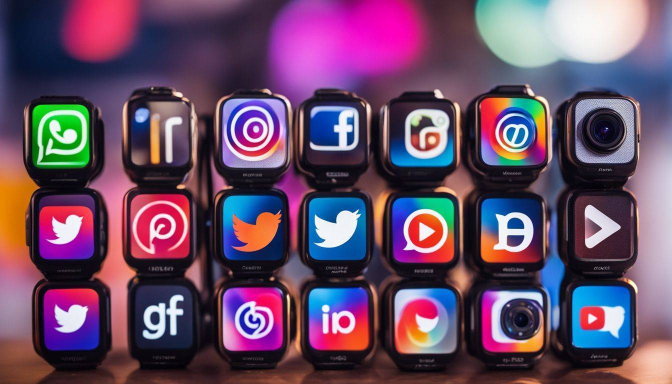 Colorful social media icons on a smartphone screen with a vibrant background.