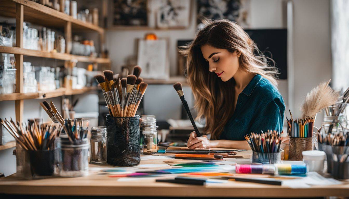 A vibrant and organized art supplies workspace without humans.