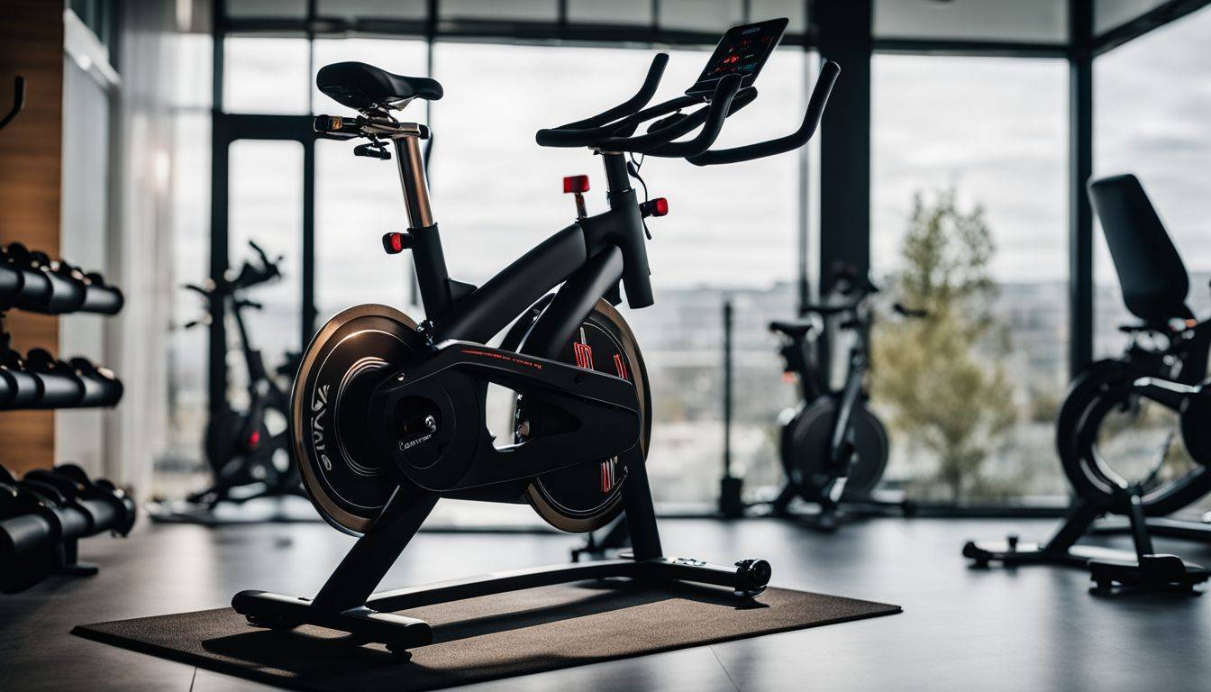 A modern fitness studio with a sleek indoor cycling bike.