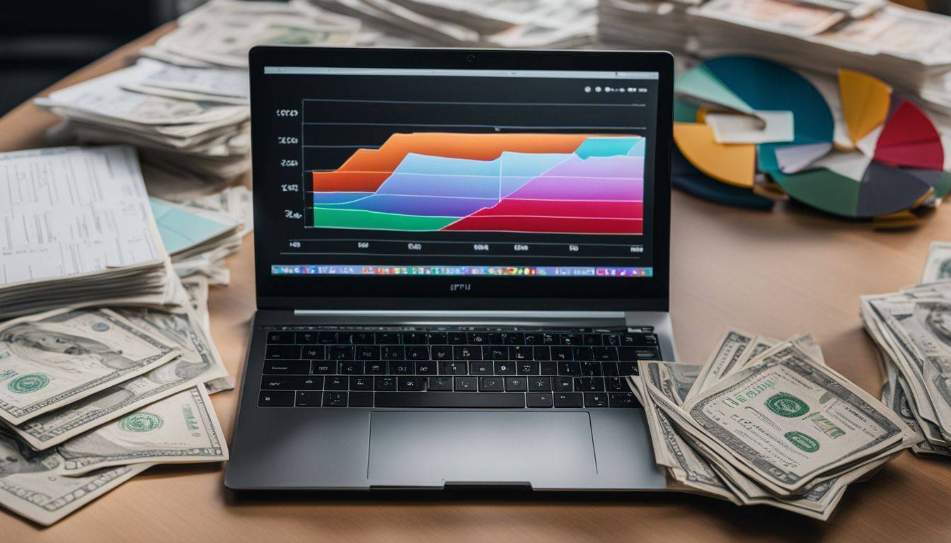 A laptop surrounded by money and charts in a vibrant atmosphere.