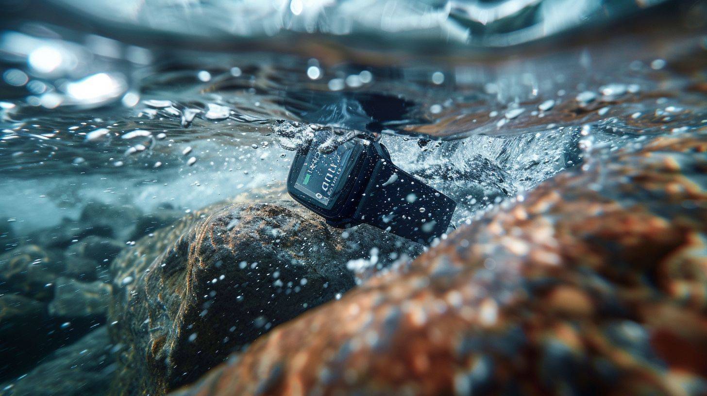 A Fitbit device with water lock activated submerged in clear water.