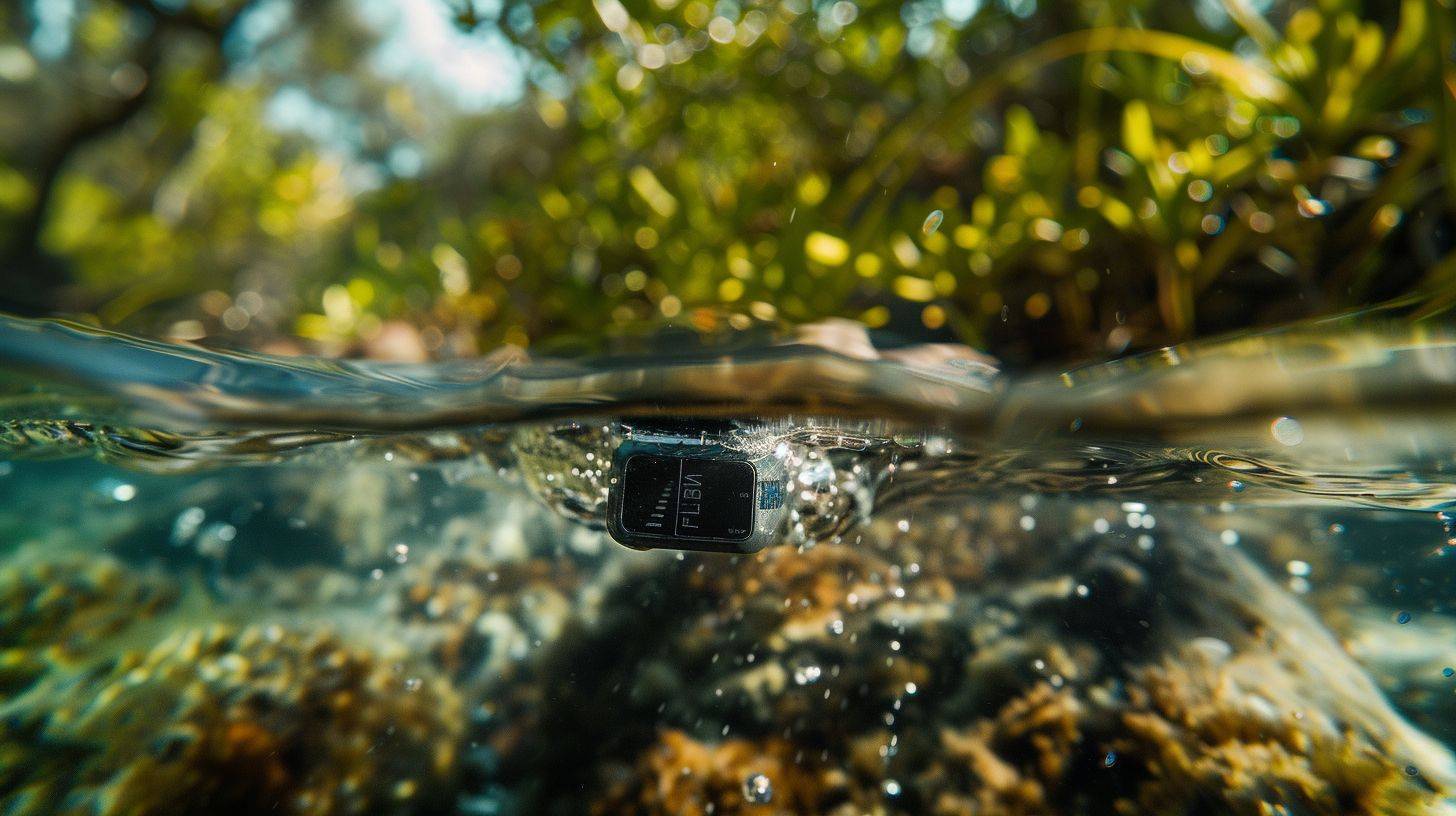 A Fitbit device with water lock activated submerged in clear water.