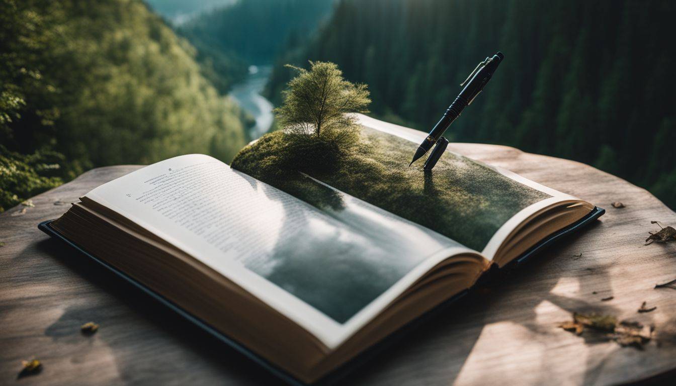 An open book with a pen and imagination surrounded by nature.